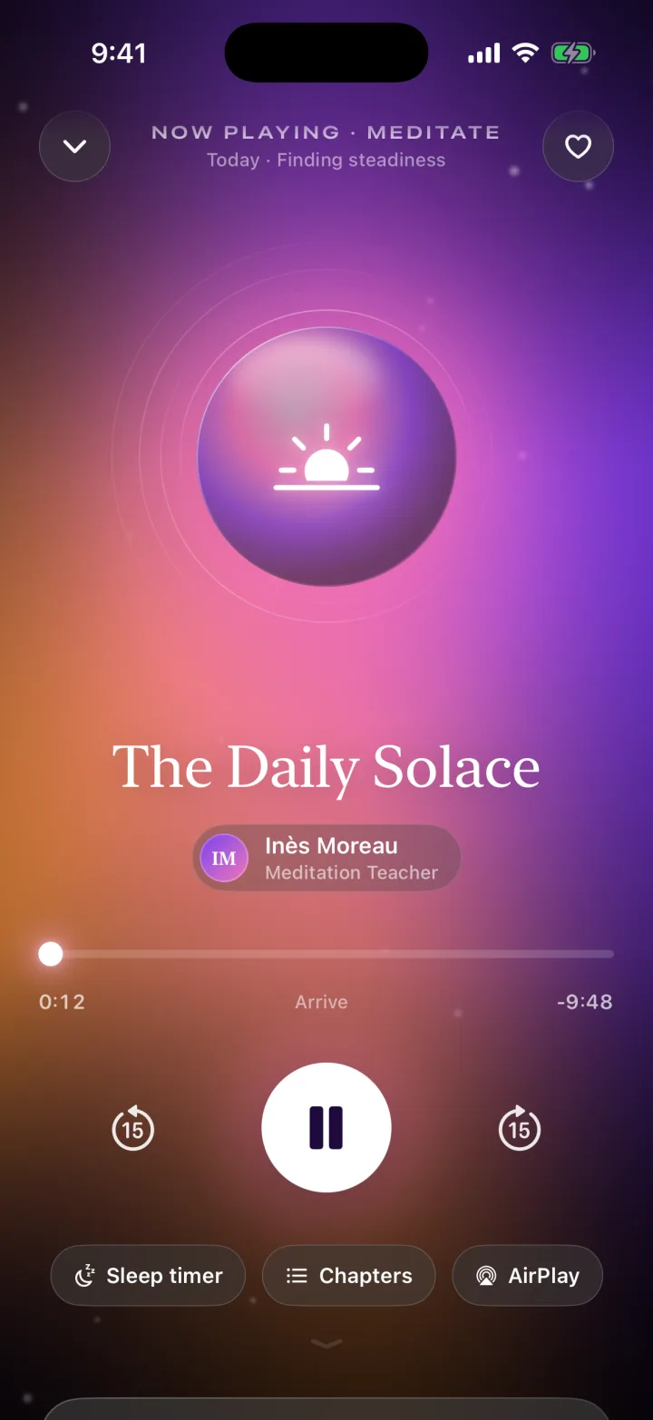 Solace full-screen player with breathing orb